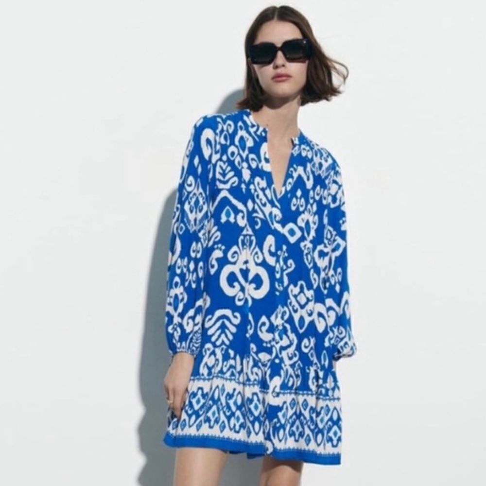 Zara Blue White Abstract Print Mini Dress Long Sleeve Split Neck Boho Women’s
